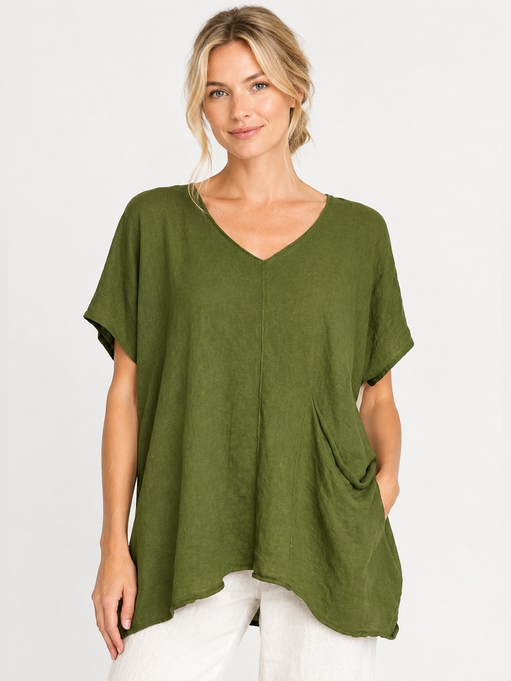 Eileen Fisher Green Linen Cotton Side Pocket V-Neck Tunic Top Size Large